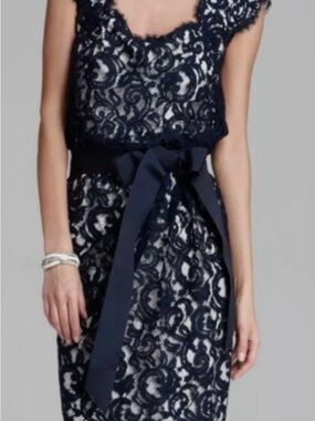 Tadashi Shoji Navy Lace Sheath with Satin Sash Size 16